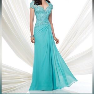 Montage by Mon Cheri Teal Lace Maxi Dress
